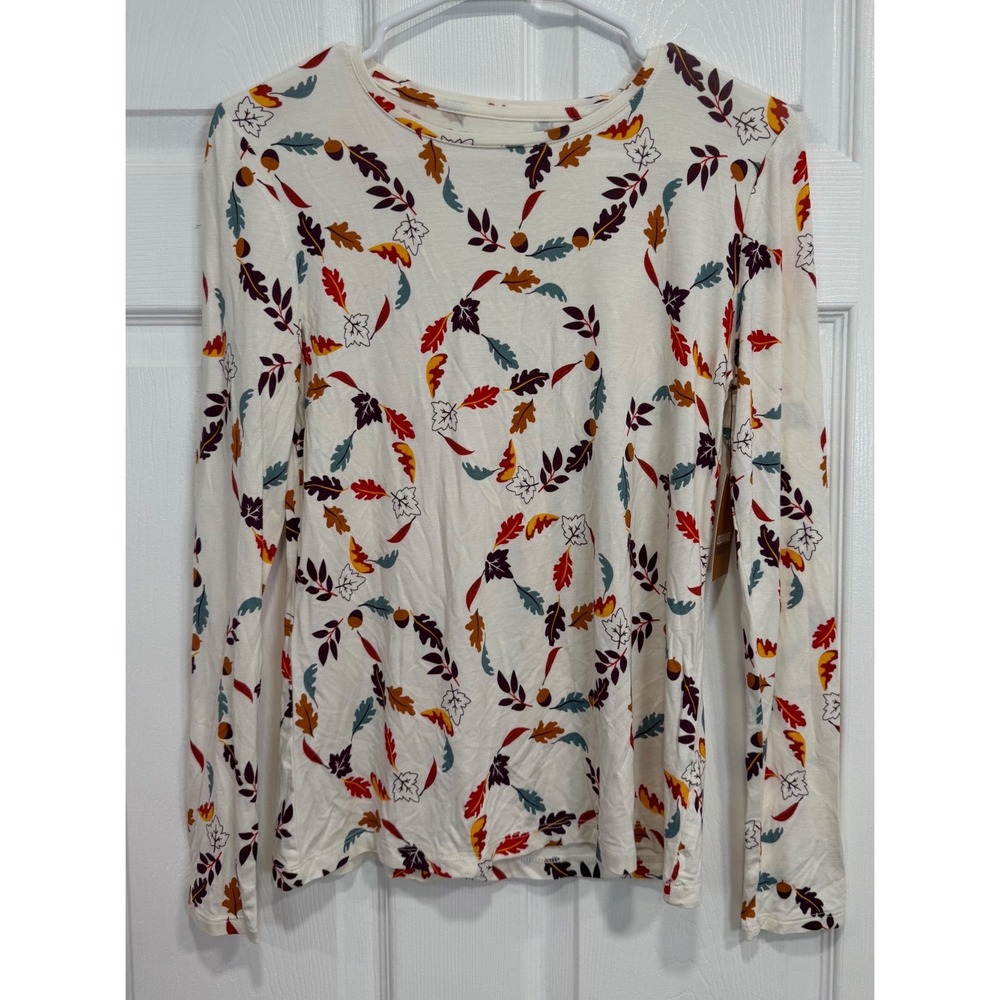 Celebrate Together Womens Small Fall Leaves Acorn Long Sleeve Crewneck Top Cream